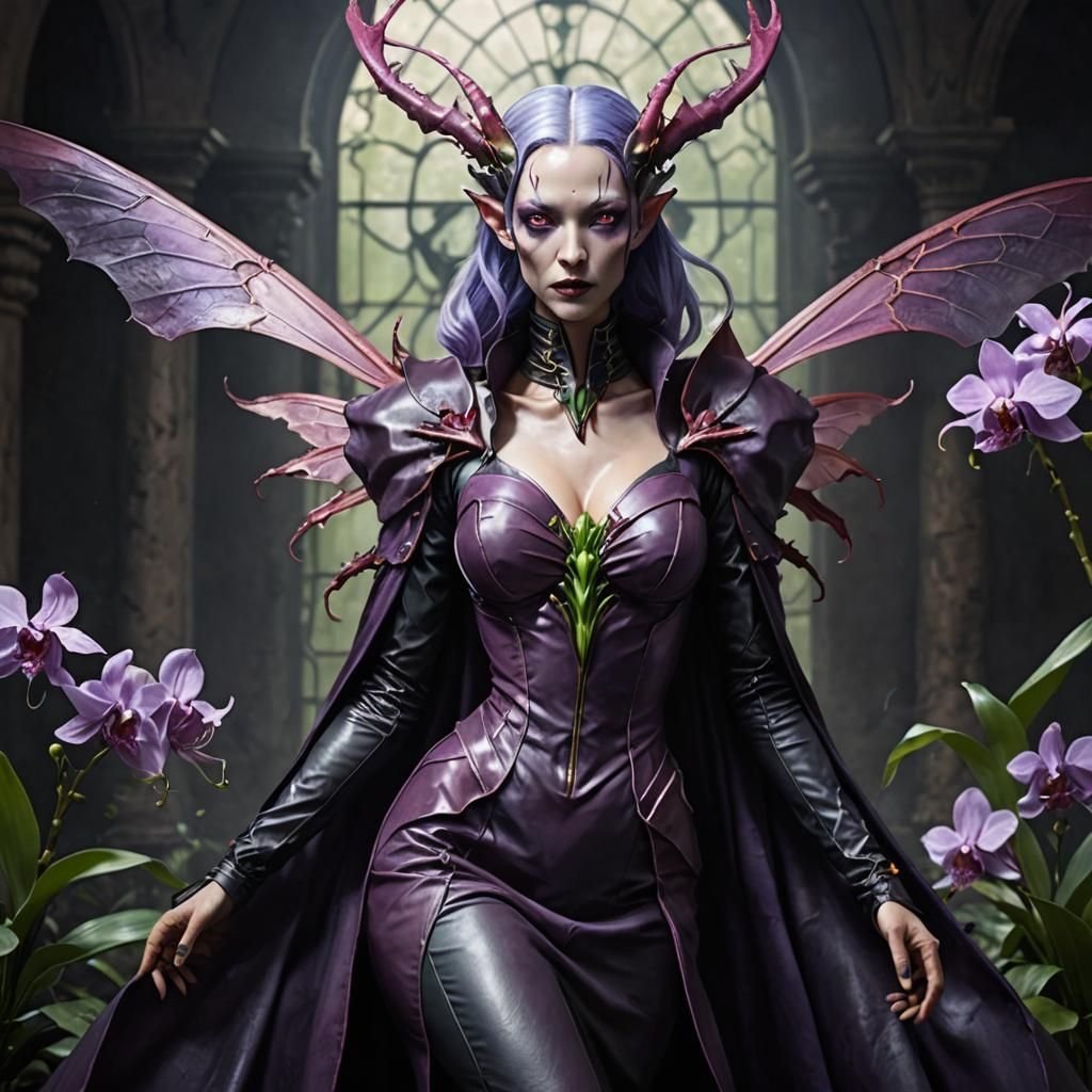 Orchid Mantis Vampire Woman in Dark Fantasy Style