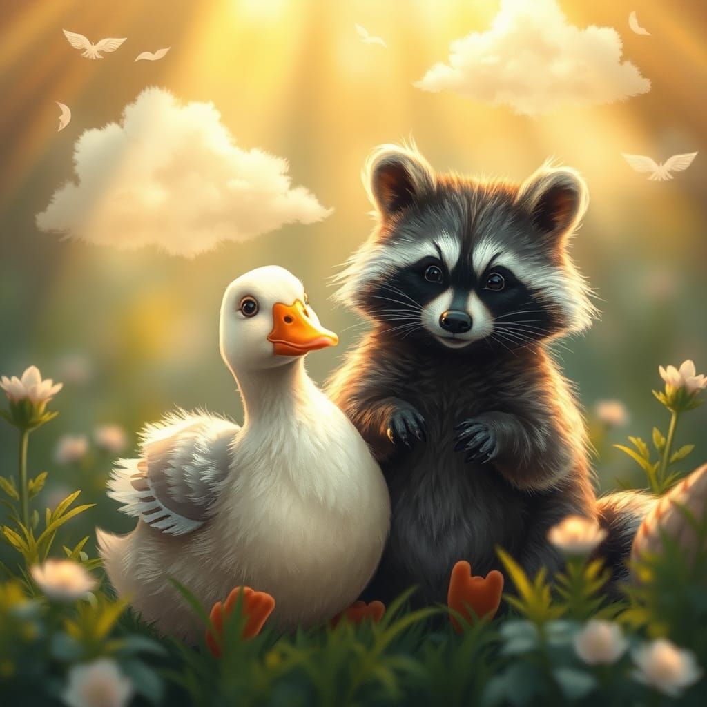 Duck and Raccoon in Divine Light, Whimsical Style