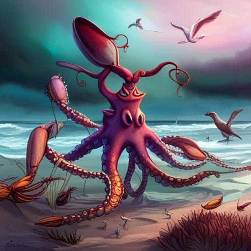 Octopus Juggling Lobsters in Surreal Art Style