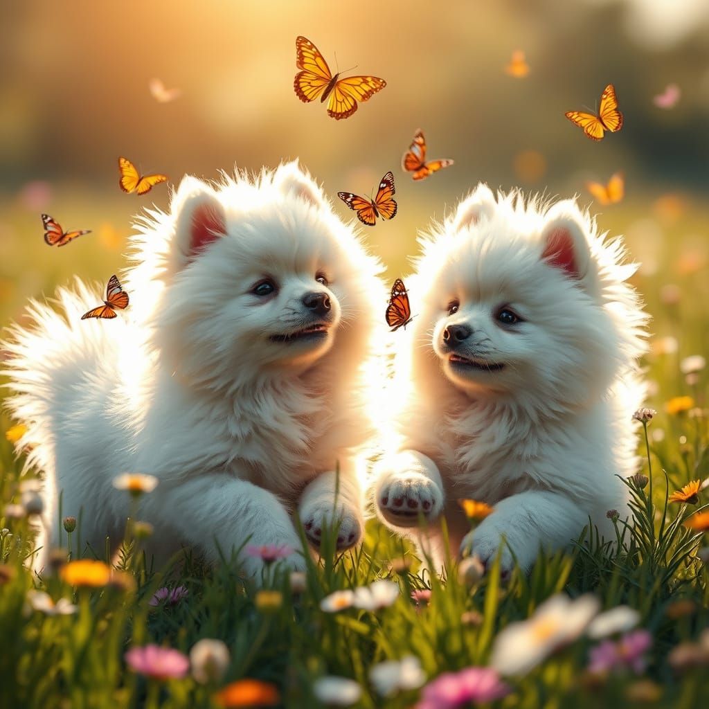 Fluffy Samoyed Puppies Chase Butterflies in Sunlit Meadow