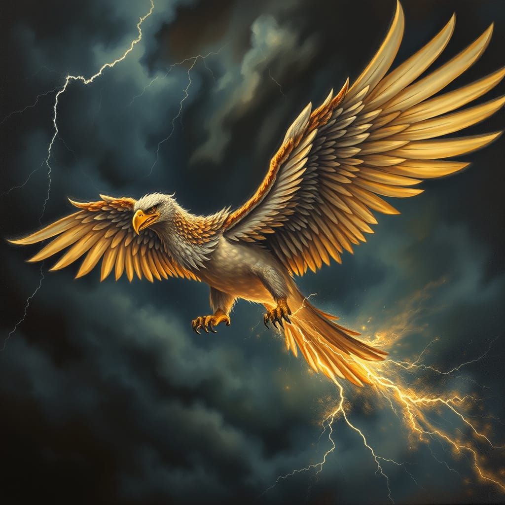 Majestic Griffin in Turbulent Storm, Classic Oil Painting St...