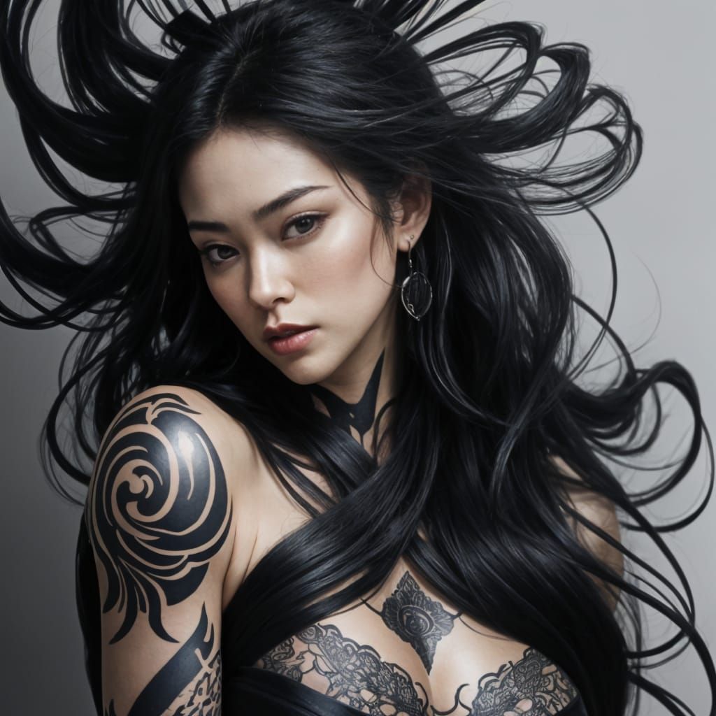 Elegant Portrait of a Woman with Flowing Hair and Tattoos