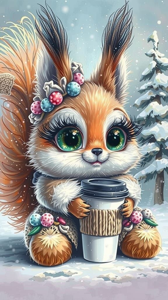 Whimsical squirrel girl with a cup of coffee in a cold winter day, big eyes, long eyelashes