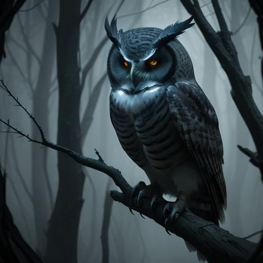Menacing Owl Perched on Branch in Moonlight