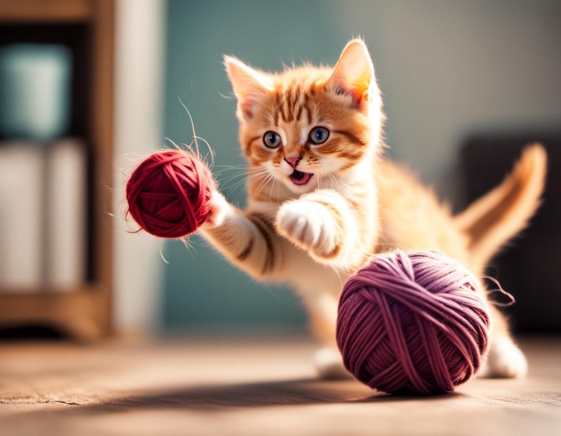 Adorable Kitten Playing with Wool Ball