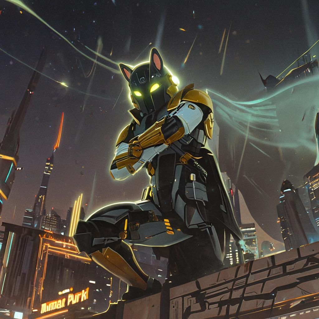 Aetherpunk Rabbit Warrior on Futuristic Cityscape