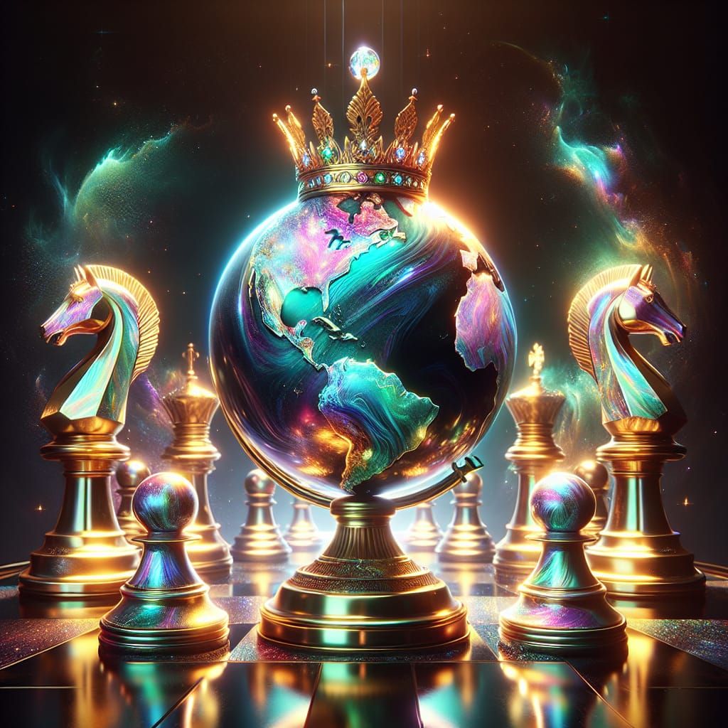 Gold Chess Queen with Iridescent Globe, Fantasy Art