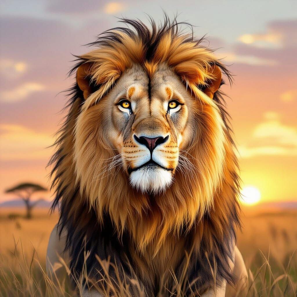 Majestic Wise Old Lion at Sunset