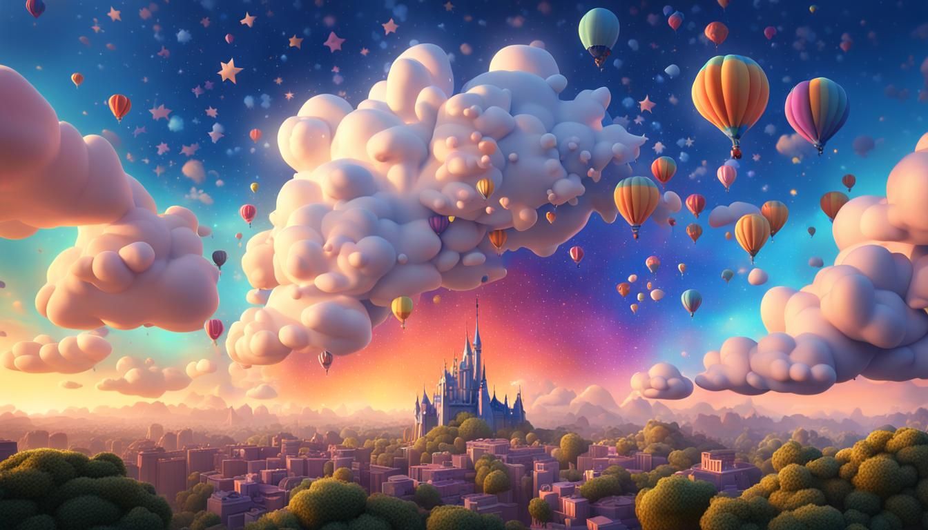Cartoon Sky with Stars and Clouds in 3D