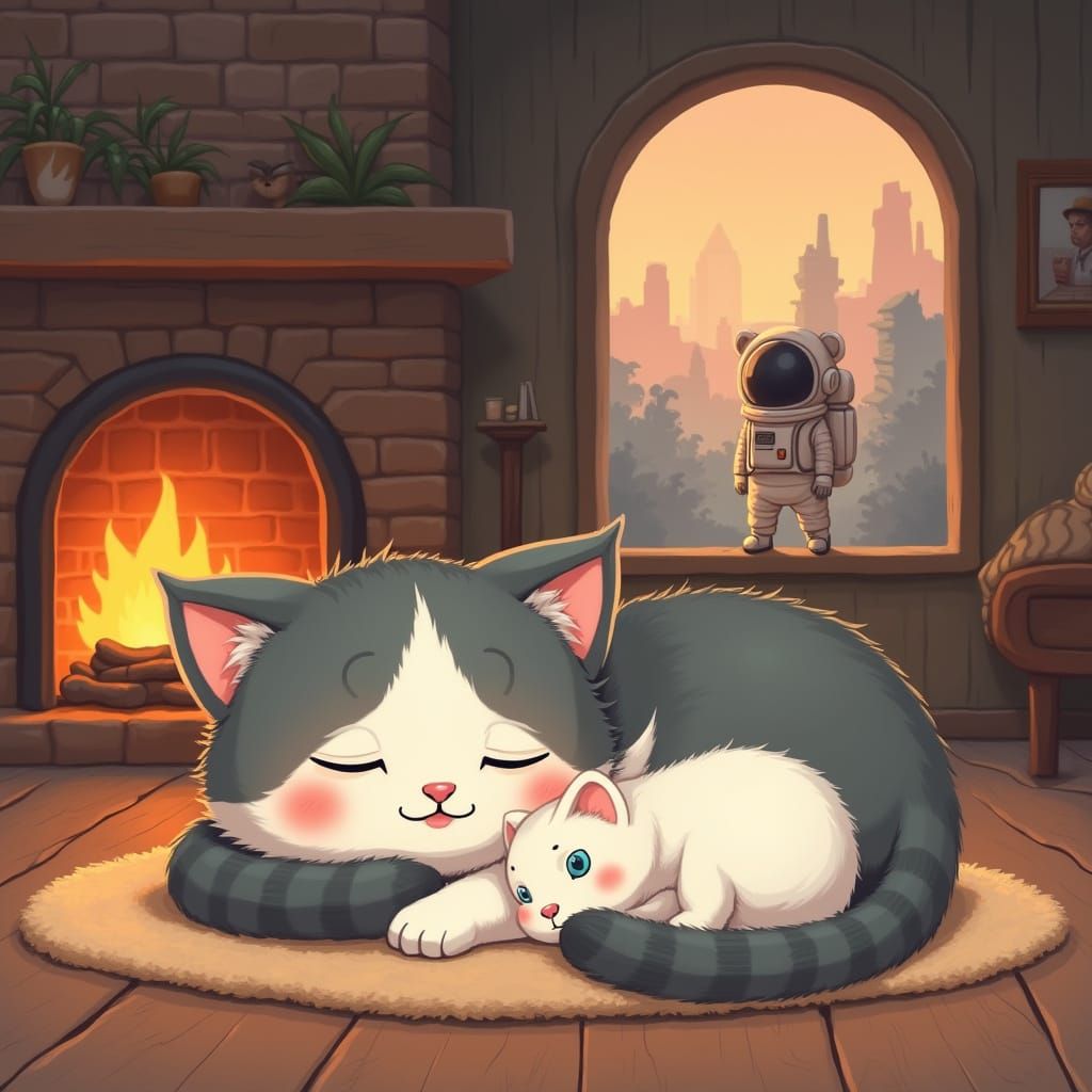 Whimsical Scottish Fold Cats by a Cozy Fireplace