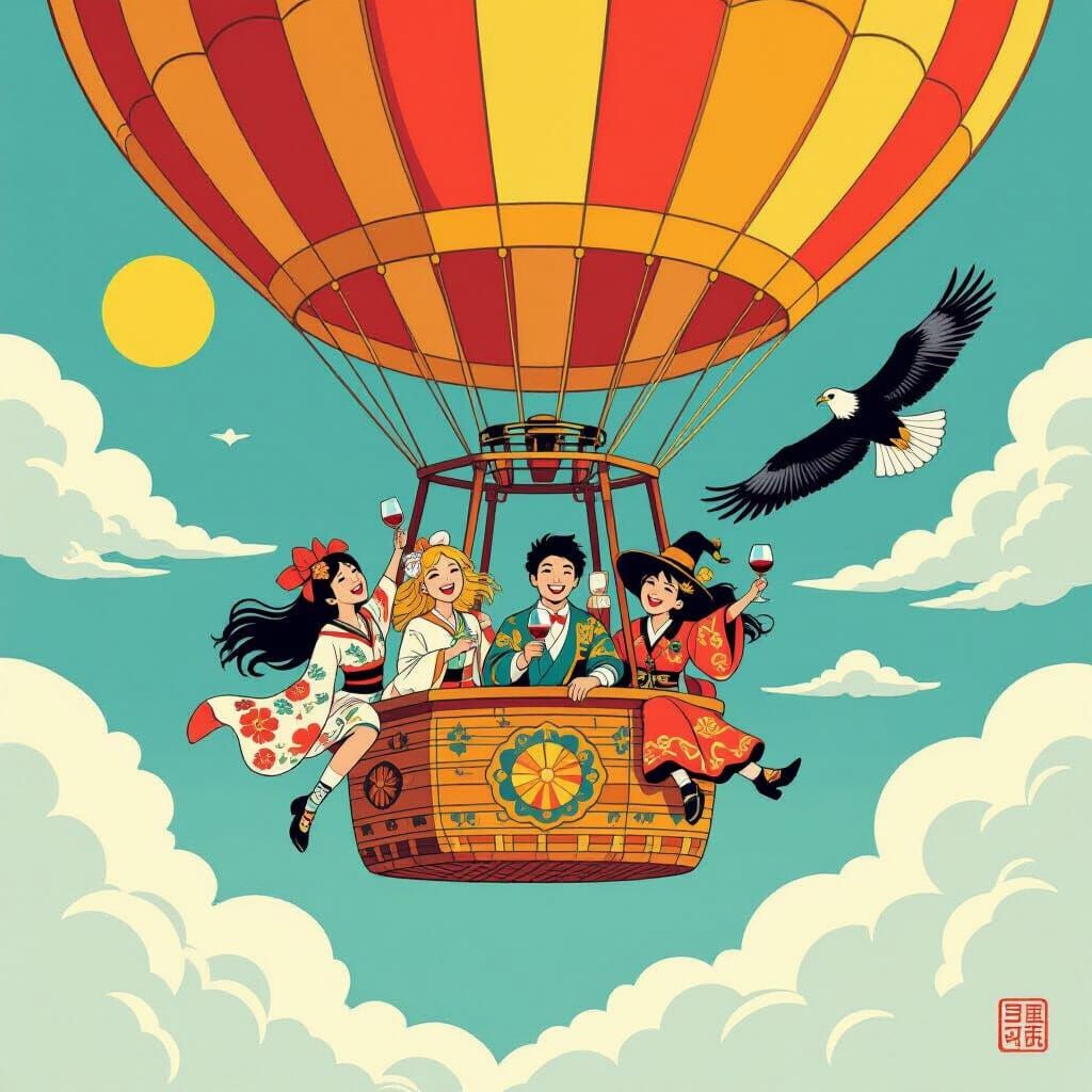 Friends Celebrate Halloween in Hot Air Balloon, Japanese Woo...