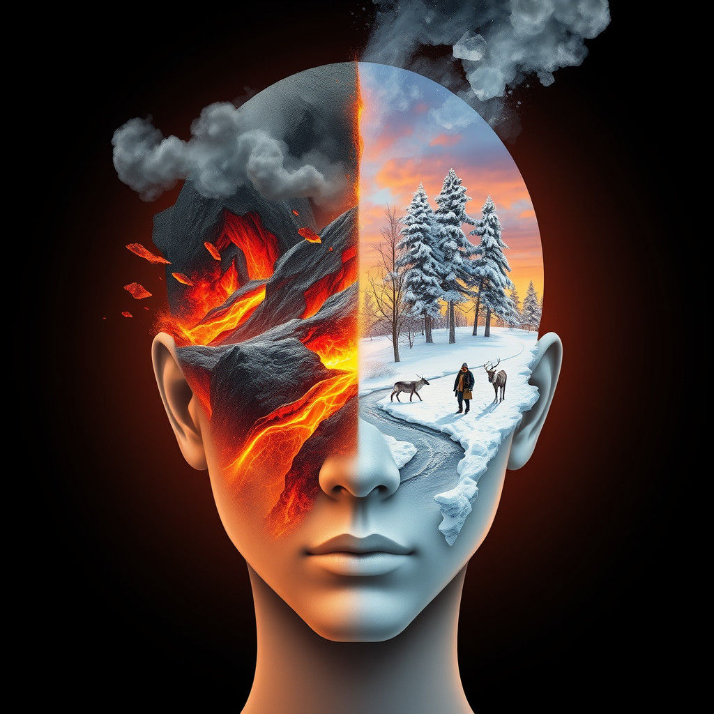 Surreal Portrait of a Head with Fire and Ice Environments in...