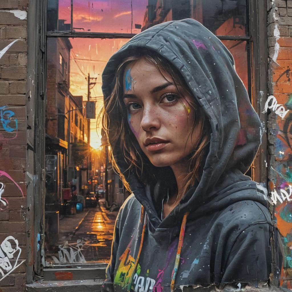 Sunset Graffiti Art: Woman in City Window