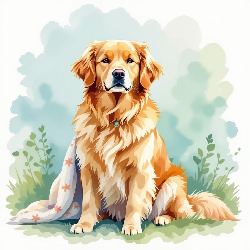 Golden Retriever Portrait in Pastel Watercolor Style