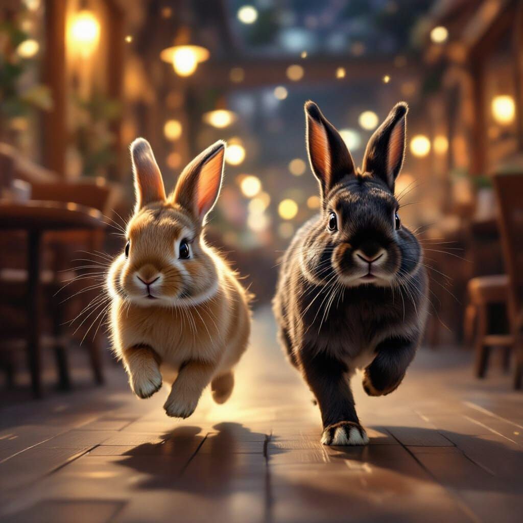 Rabbits Sprinting Through a Sunlit Cafe