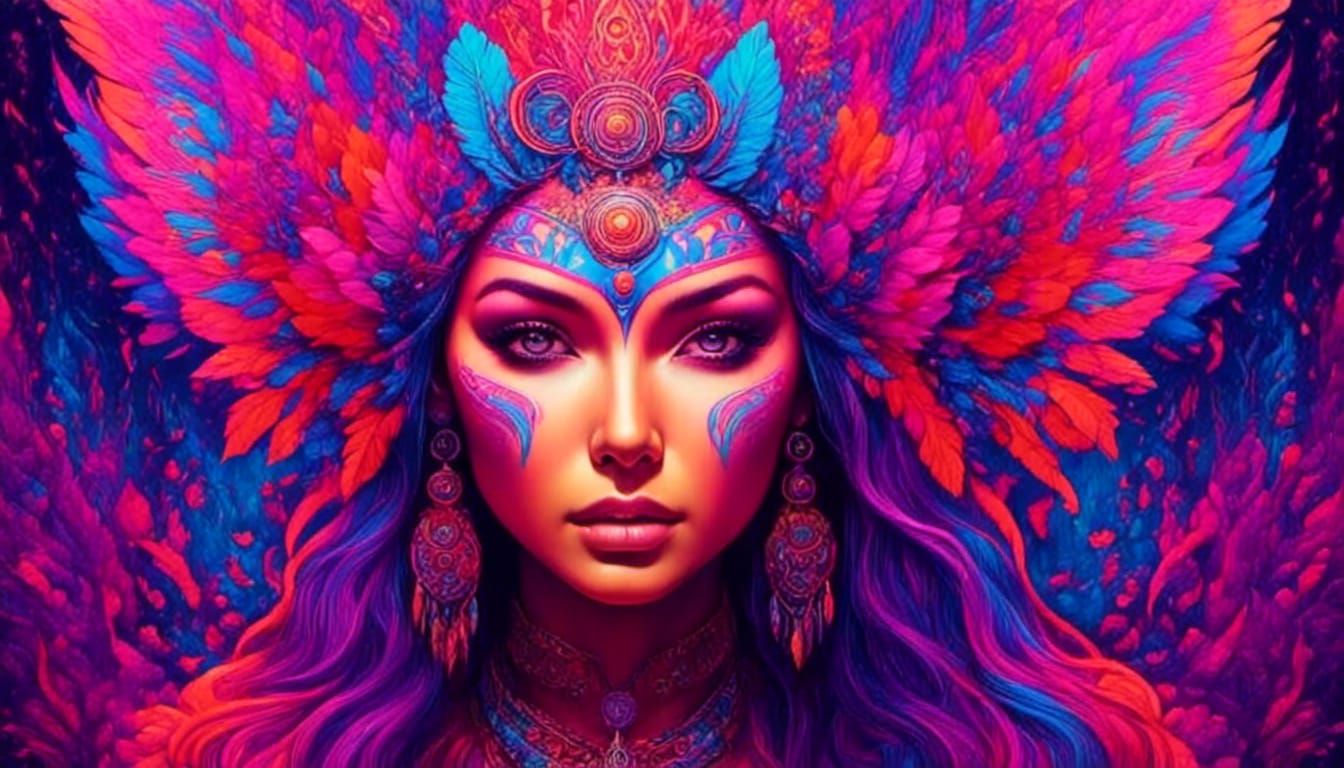 Psychedelic Vision of Native American Woman in Neon Toyism