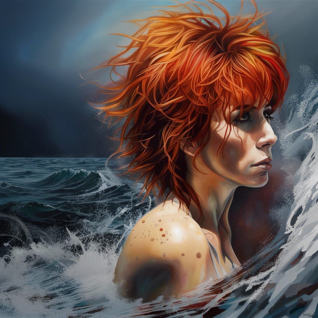 Hyperrealistic Mylene Farmer in Ocean Splash Art