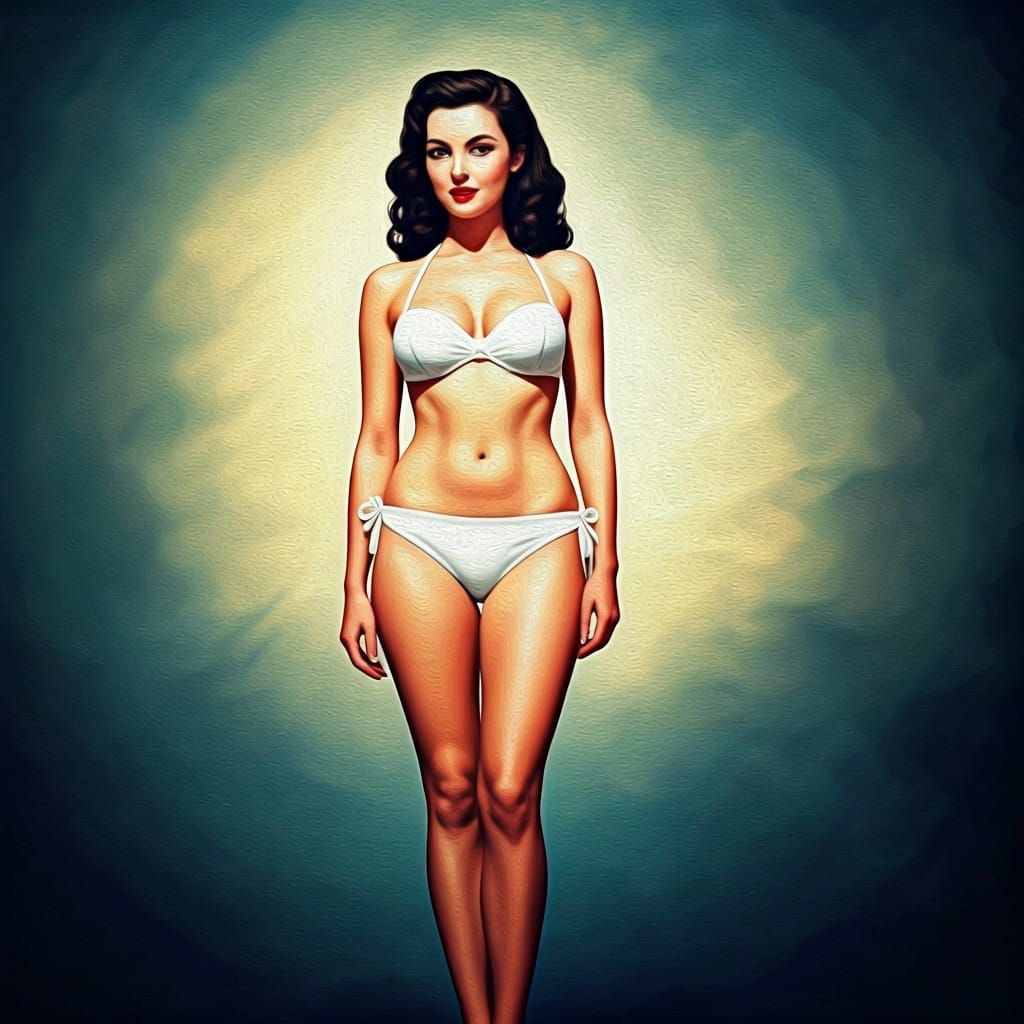 Brunette Pin-Up in White Bikini, Art Nouveau Fusion