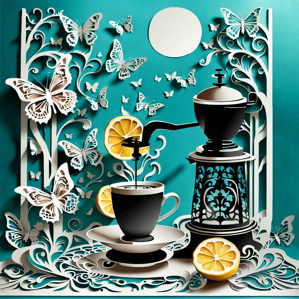Folk Art Paper-Cut Coffee Grinder with Lemon