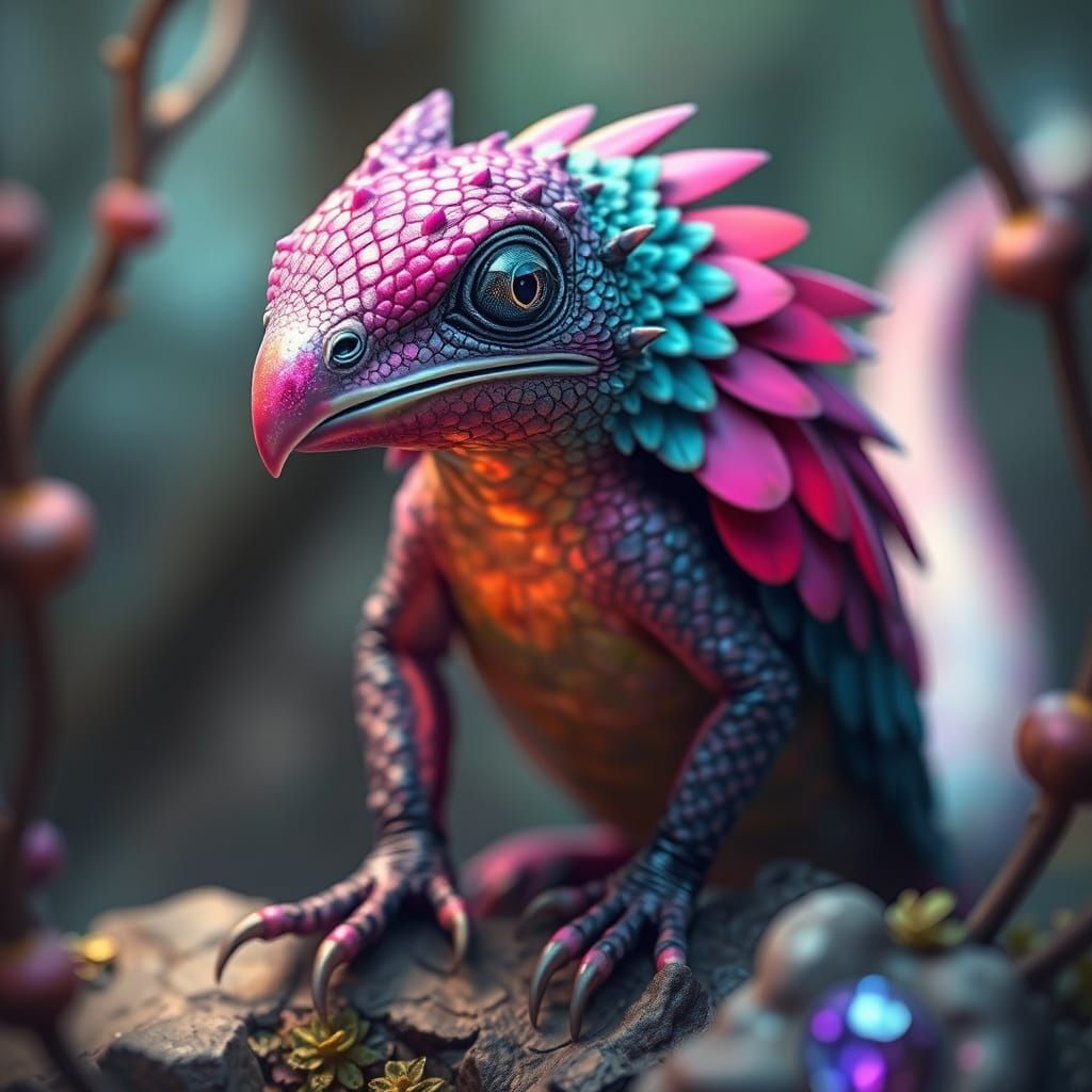 Mystical Bird-Salamander Creature in Dreamlike Environment