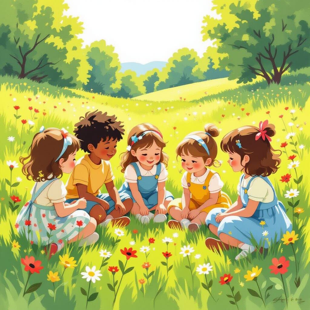 Children Playing in Meadow, Art Nouveau Style