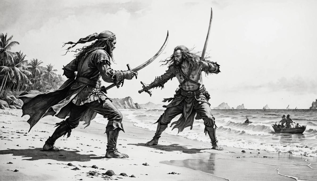 Elven Warrior and Pirate Duel: Charcoal Drawing