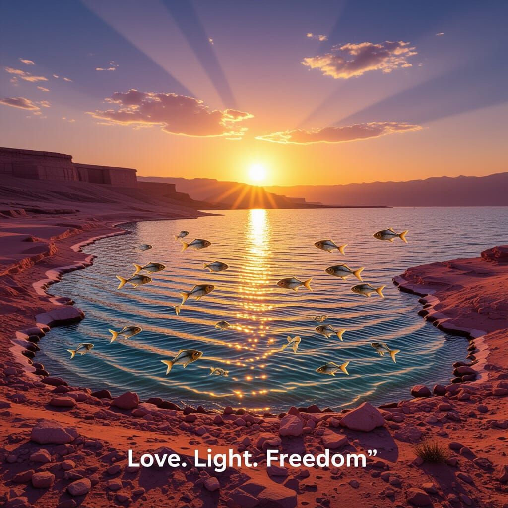 Dead Sea Sunset With Transparent Fish Leaping