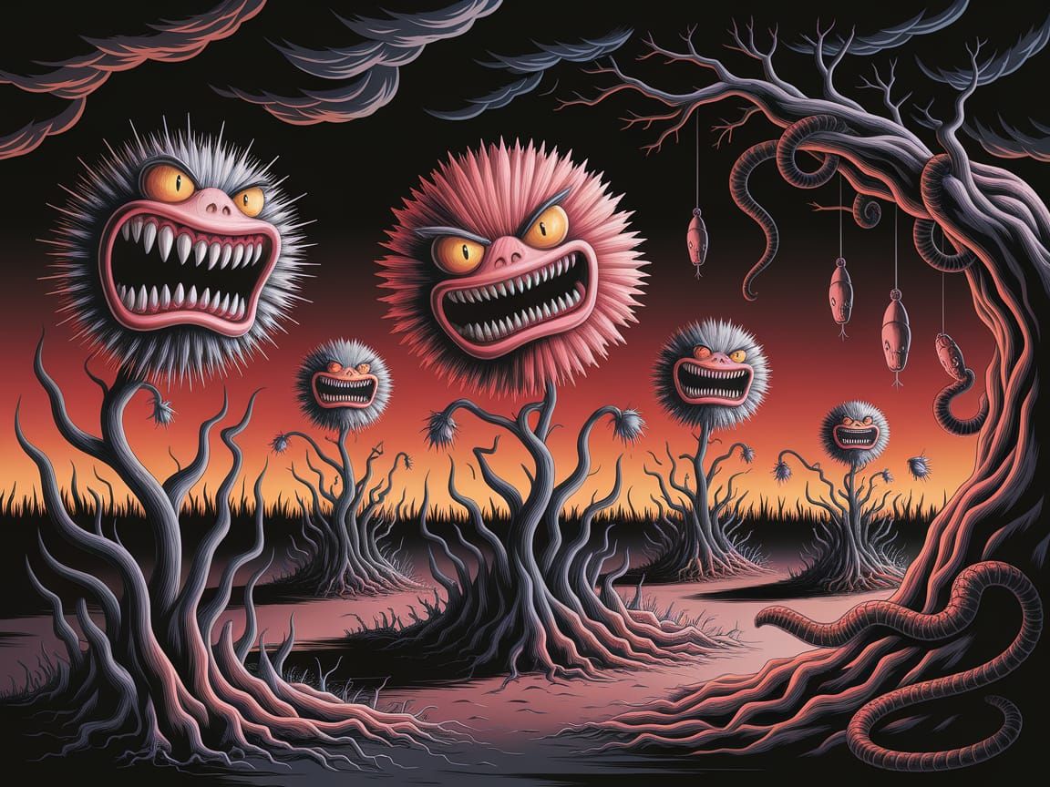 Sinister Garden with Snarling Flowers and Coiled Snakes