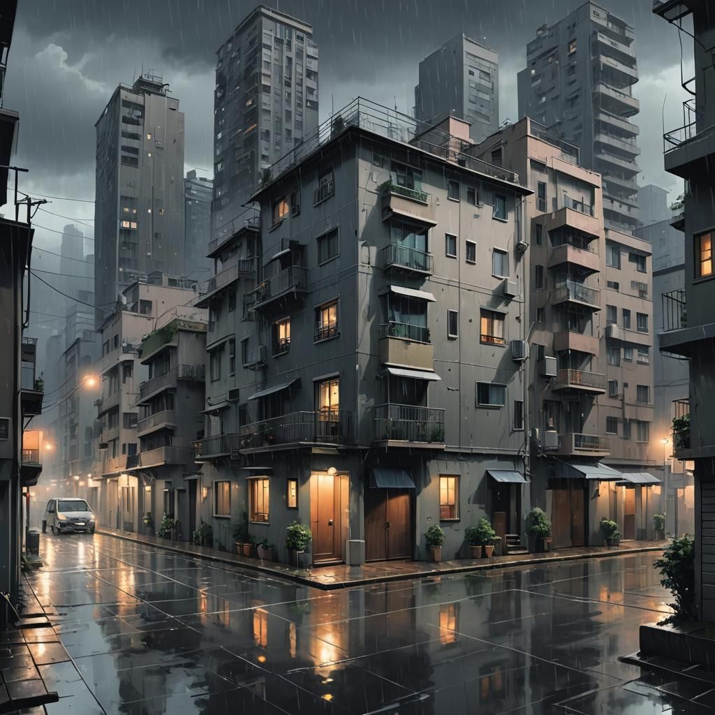 Italian House Surrounded by Modern Buildings in Anime Style