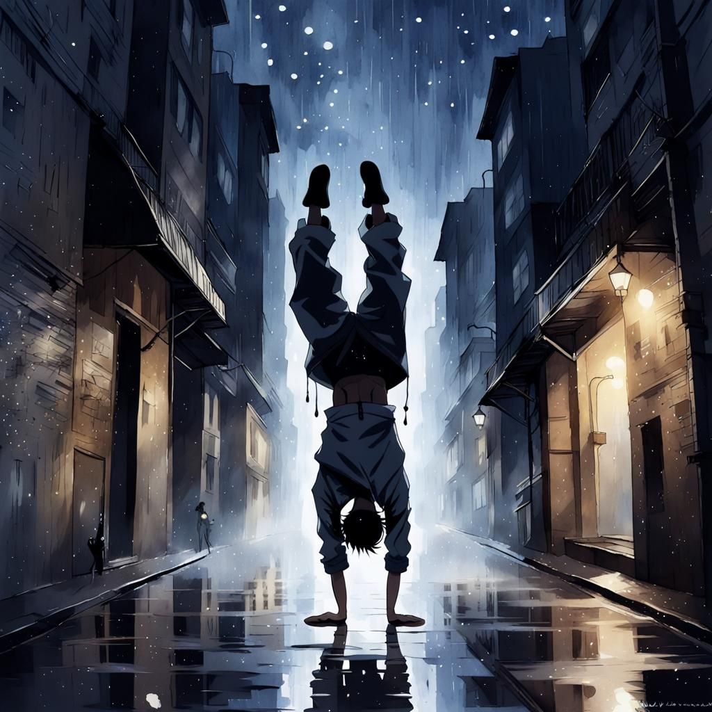 Watercolor Silhouette Handstand in Rainy Cityscape