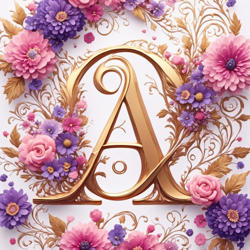 Gold Letter A Monogram with Pastel Flowers