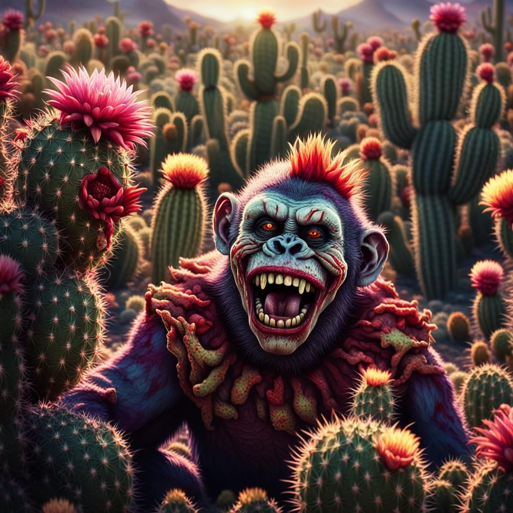 Zombie Monkey Clown Grinning in Cacti Field