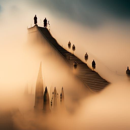 Temple Landscape with Monks in Surreal Style