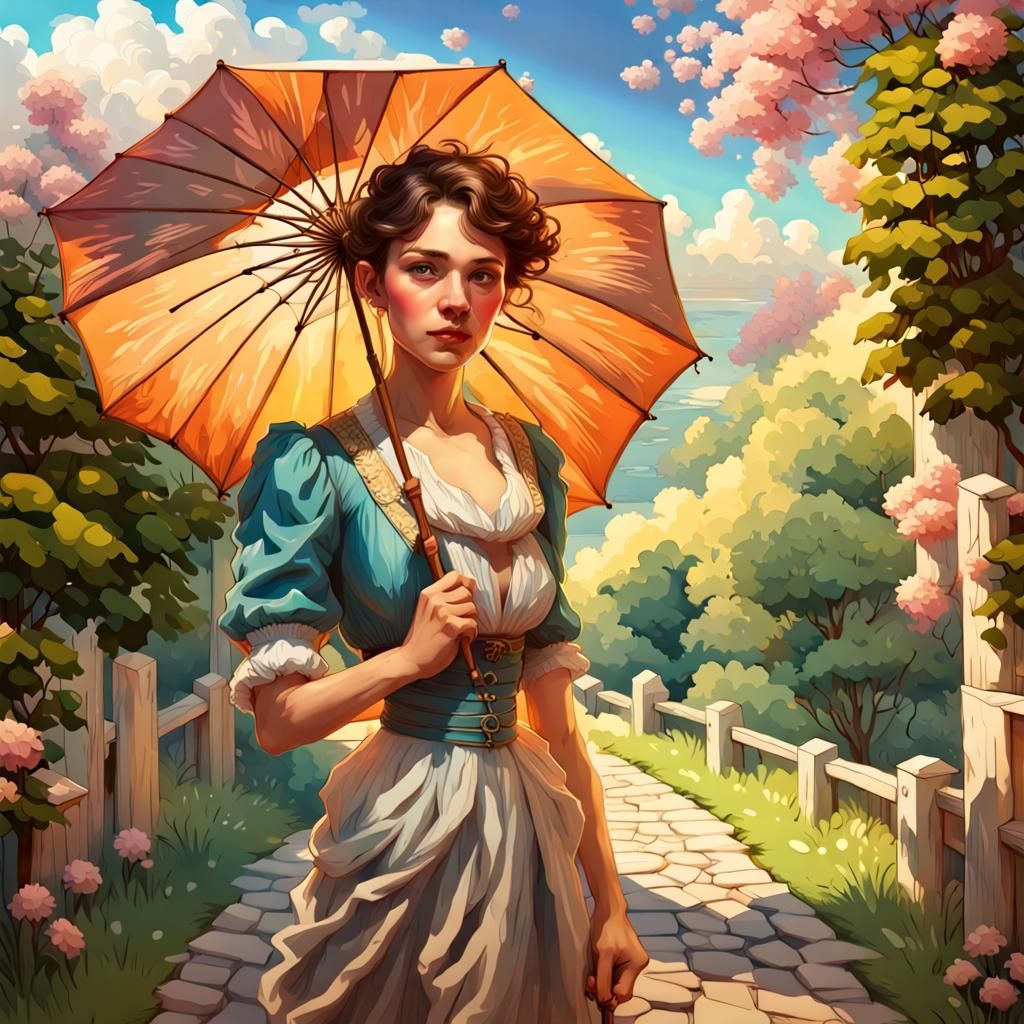 Woman with Parasol: Impressionist Gouache Portrait