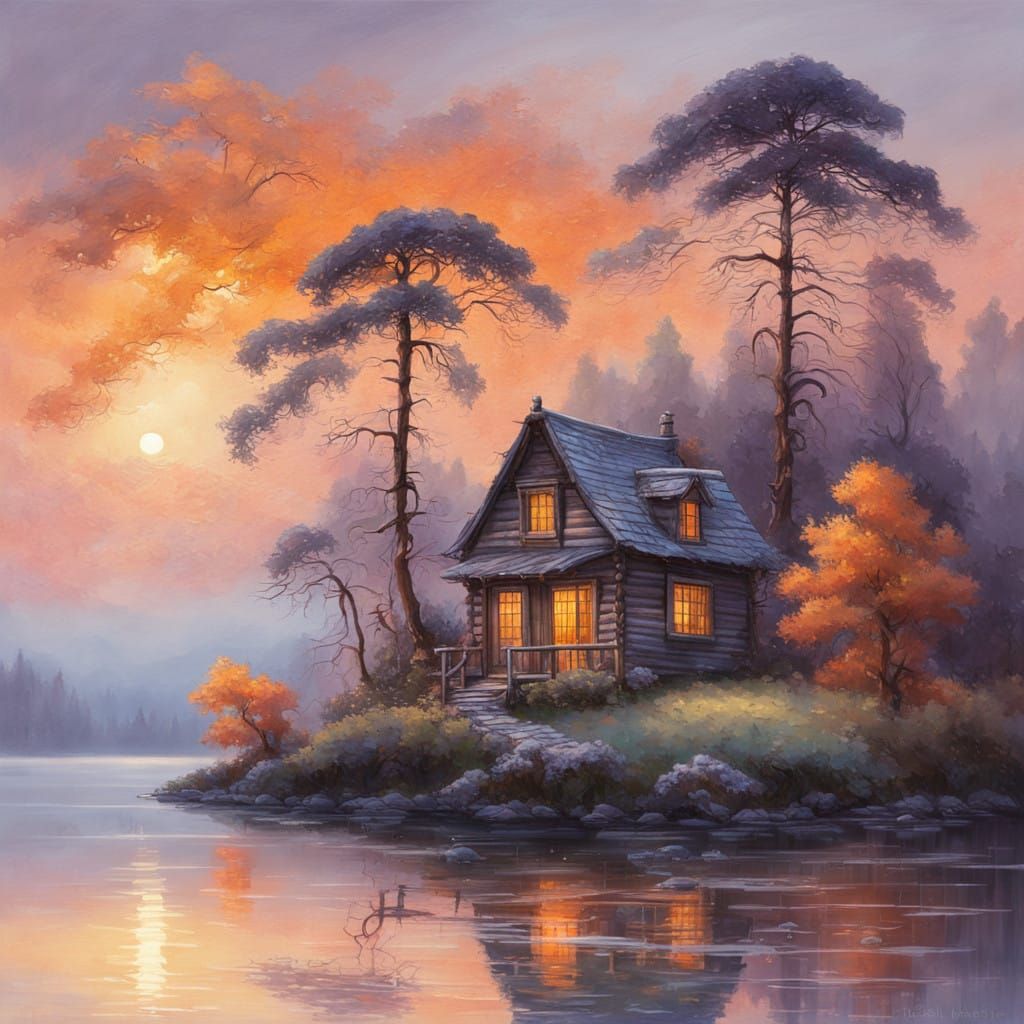 Serene Lake Landscape with Wooden Cottage and Majestic Willo...