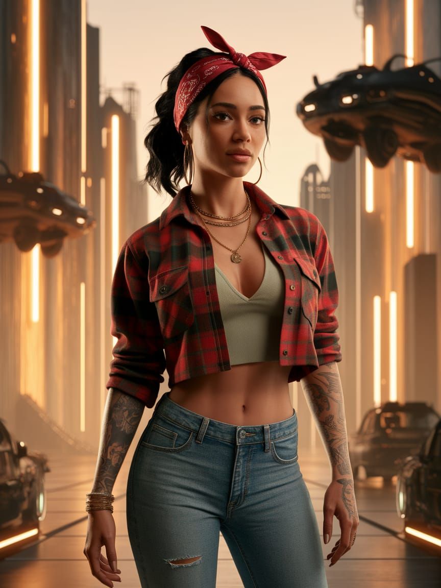 Futuristic Chola Lady in Neon Cityscape