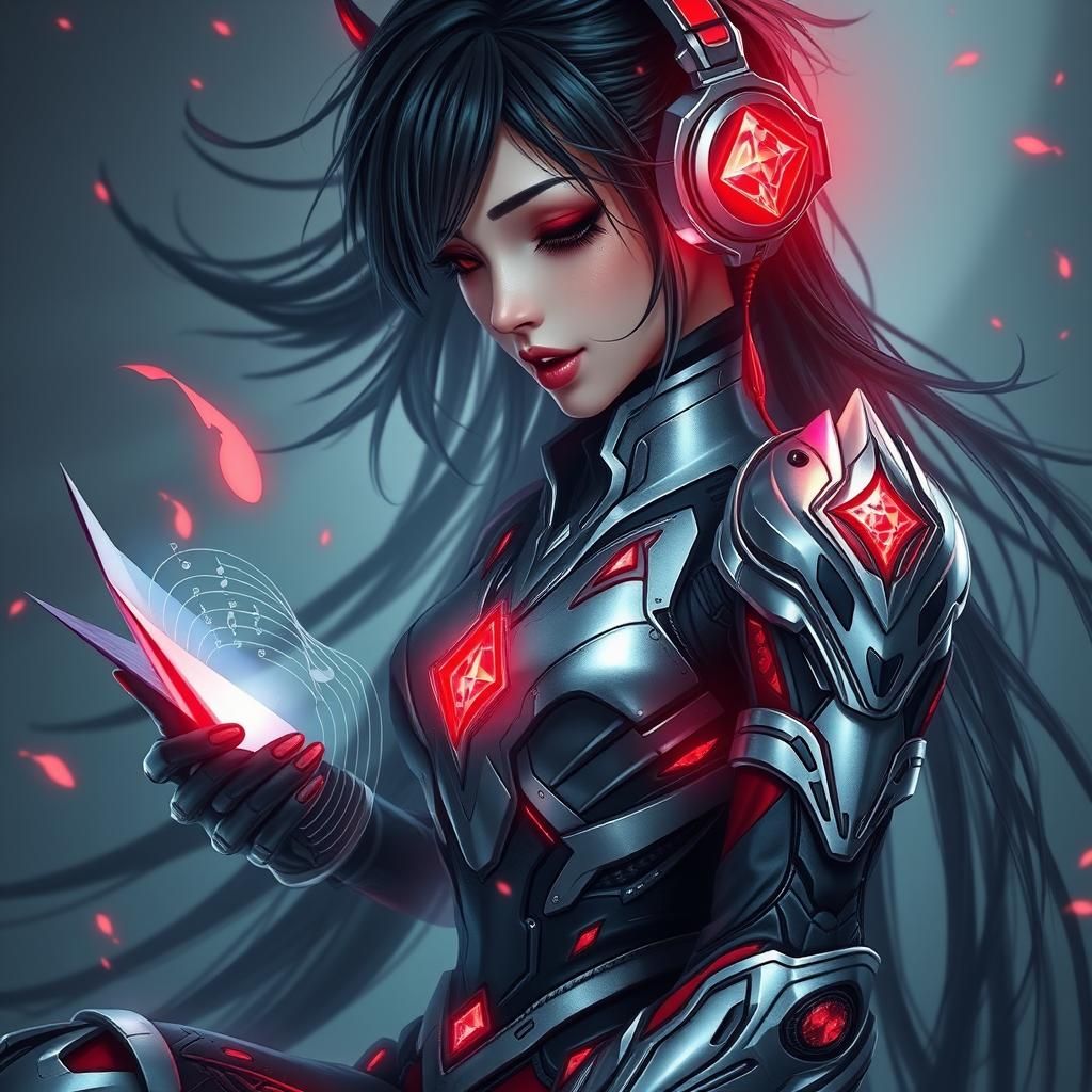 Female Bard Singing with Mecha Armor, Digital Art