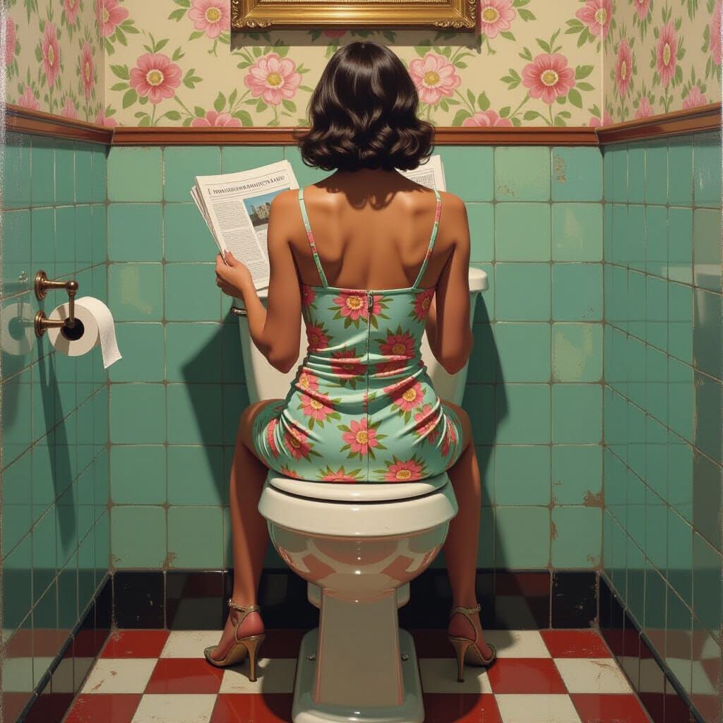 Woman Reading Newspaper on Toilet in Shabby-Chic Bathroom