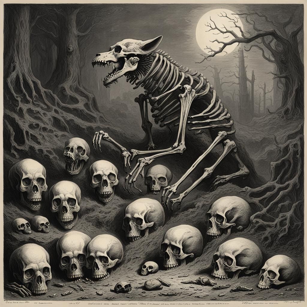Skeletal Wolf: Horror Art Inspired by Doré