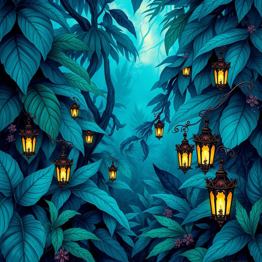 Turquoise Fantasy Forest in Vibrant Colored Ink Style