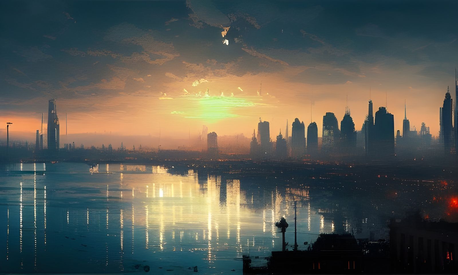 Sunset Cityscape Reflection in Hyperdetailed Style