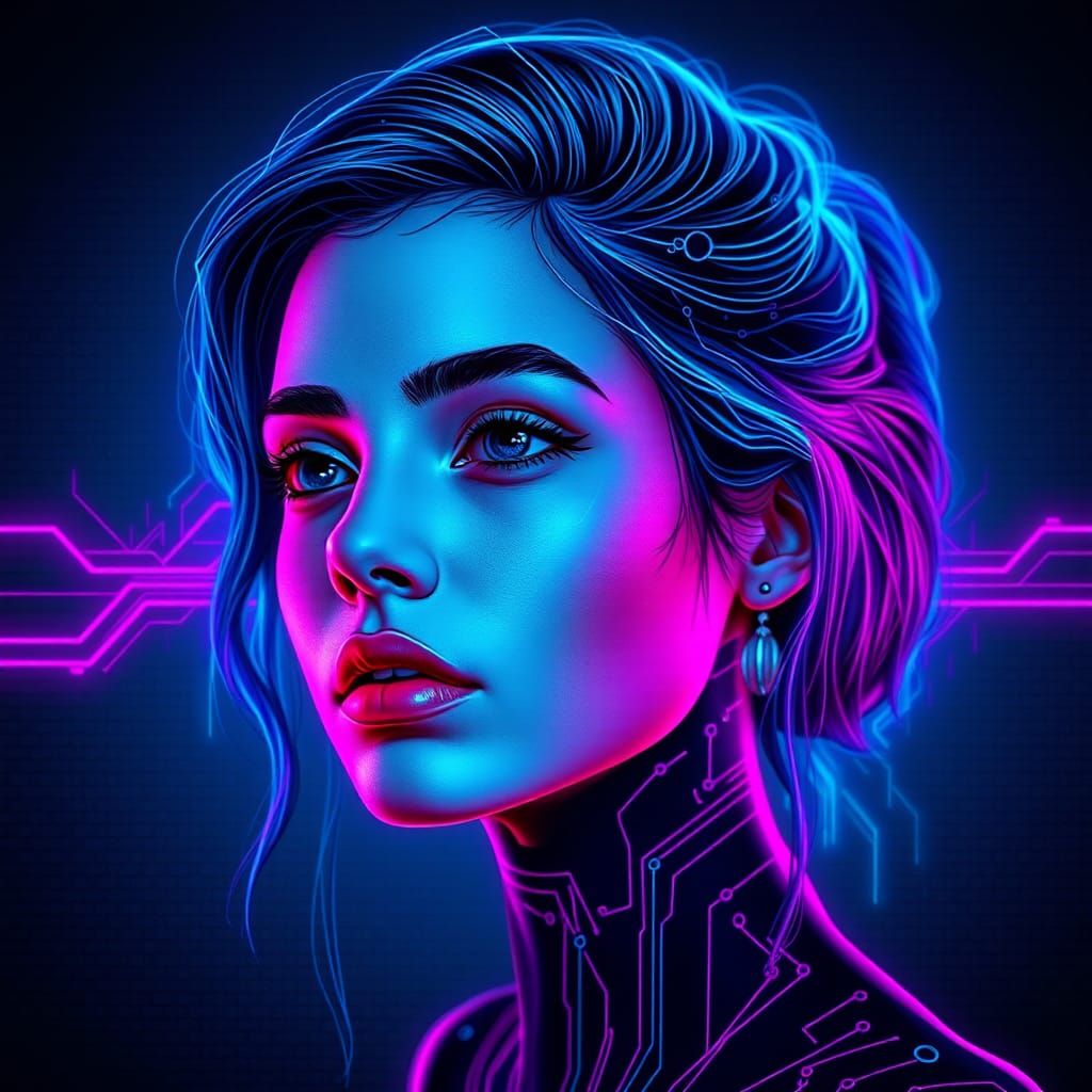 Neon Woman Portrait in Glitch Art Style
