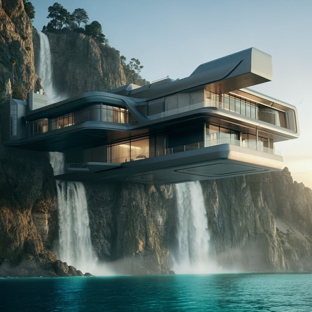 House on side of cliff with waterfalls