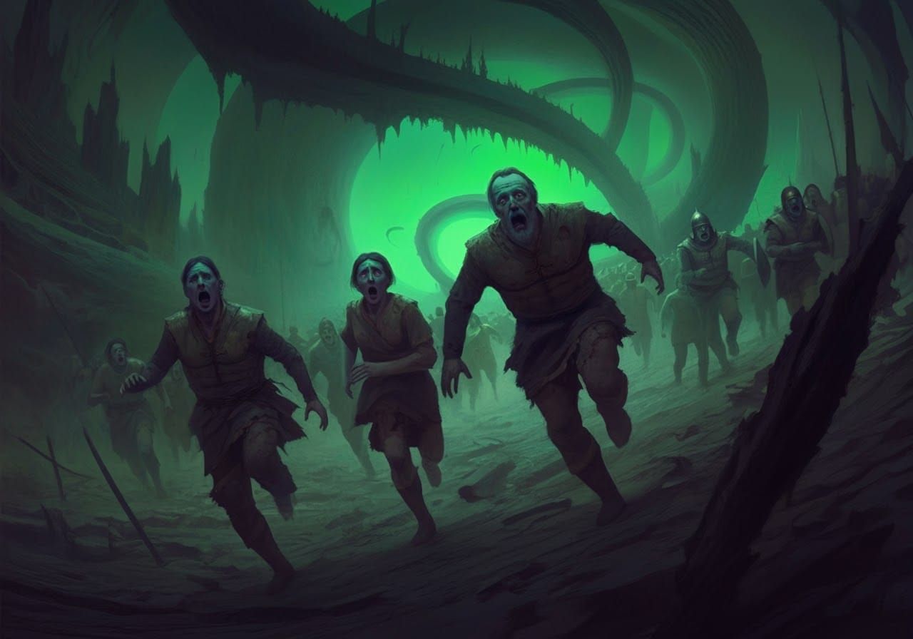 Fleeing Warriors in a Surrealist Nightmare Landscape