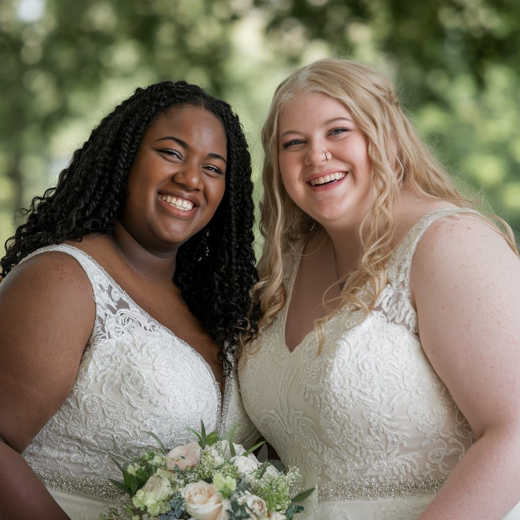 Young Black and White Bride Smile at Happy Lesbian Wedding