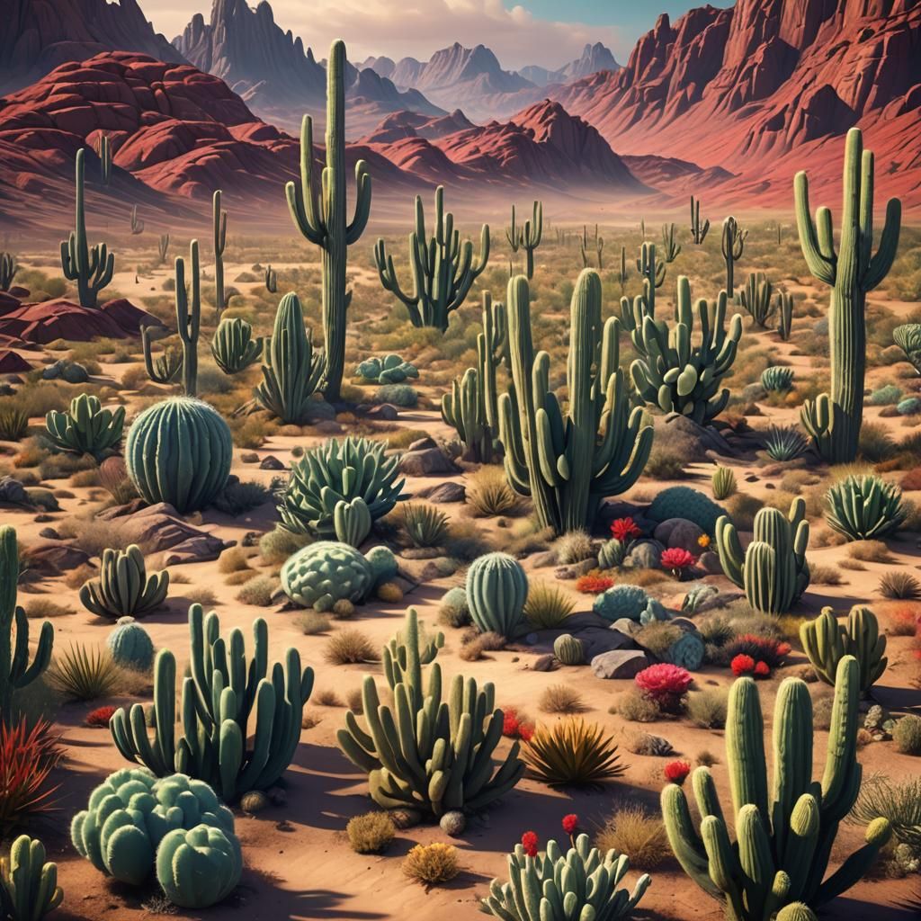 Surreal Desert Landscape with Exaggerated Cacti