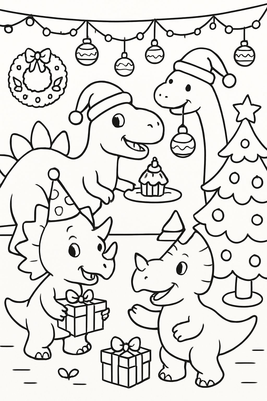 Dinosaurs Christmas Party Cartoon Coloring Page