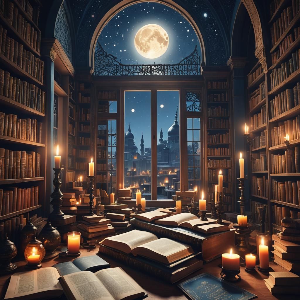 Cinematic Library with Islamic Books under Moonlight