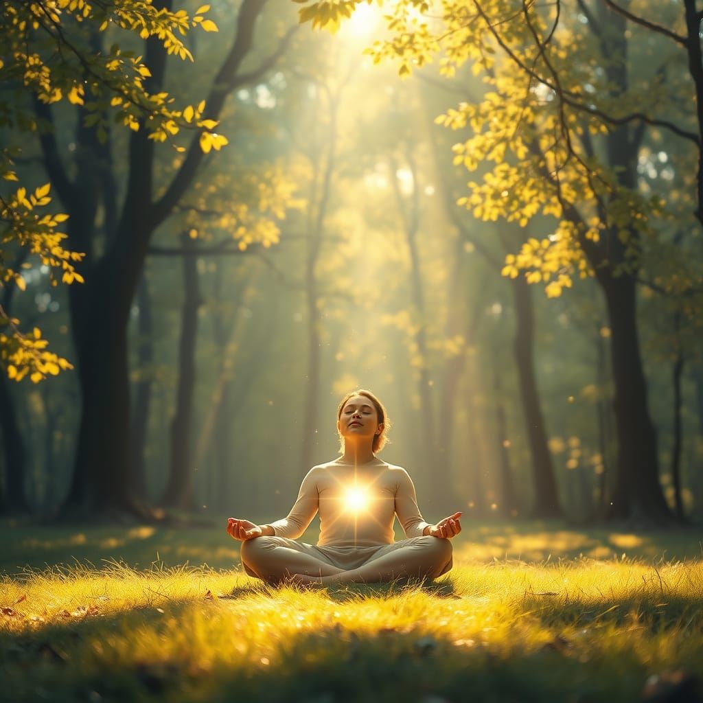 Figure Finds Enlightenment in Sun-Dappled Forest Clearing