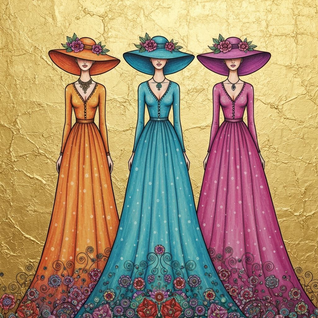 Vibrant Illustration of Three Women in Flowing Dresses and H...
